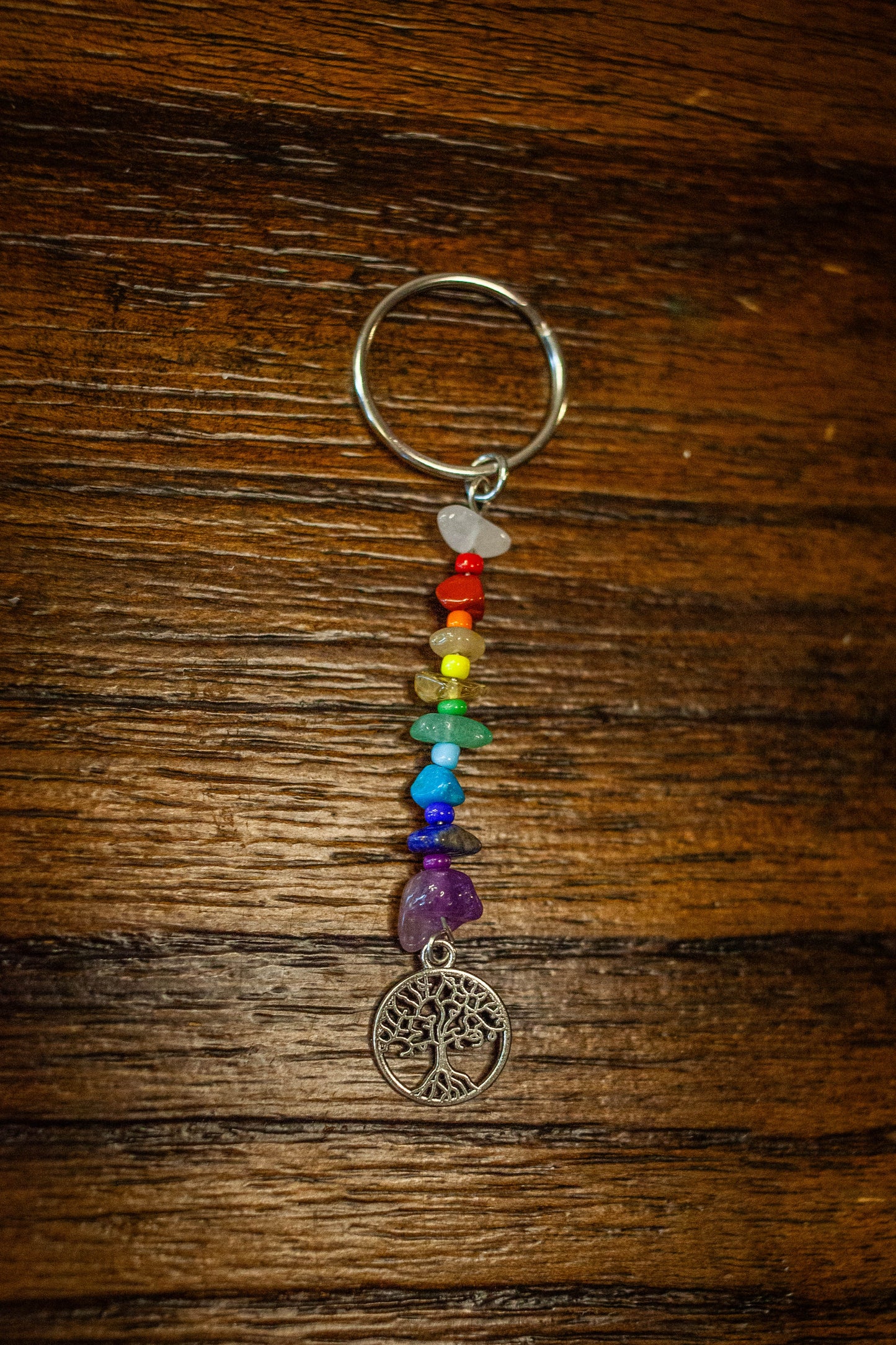 Chakra Vibes: Rainbow Beaded Keychain with Tree of Life Charm