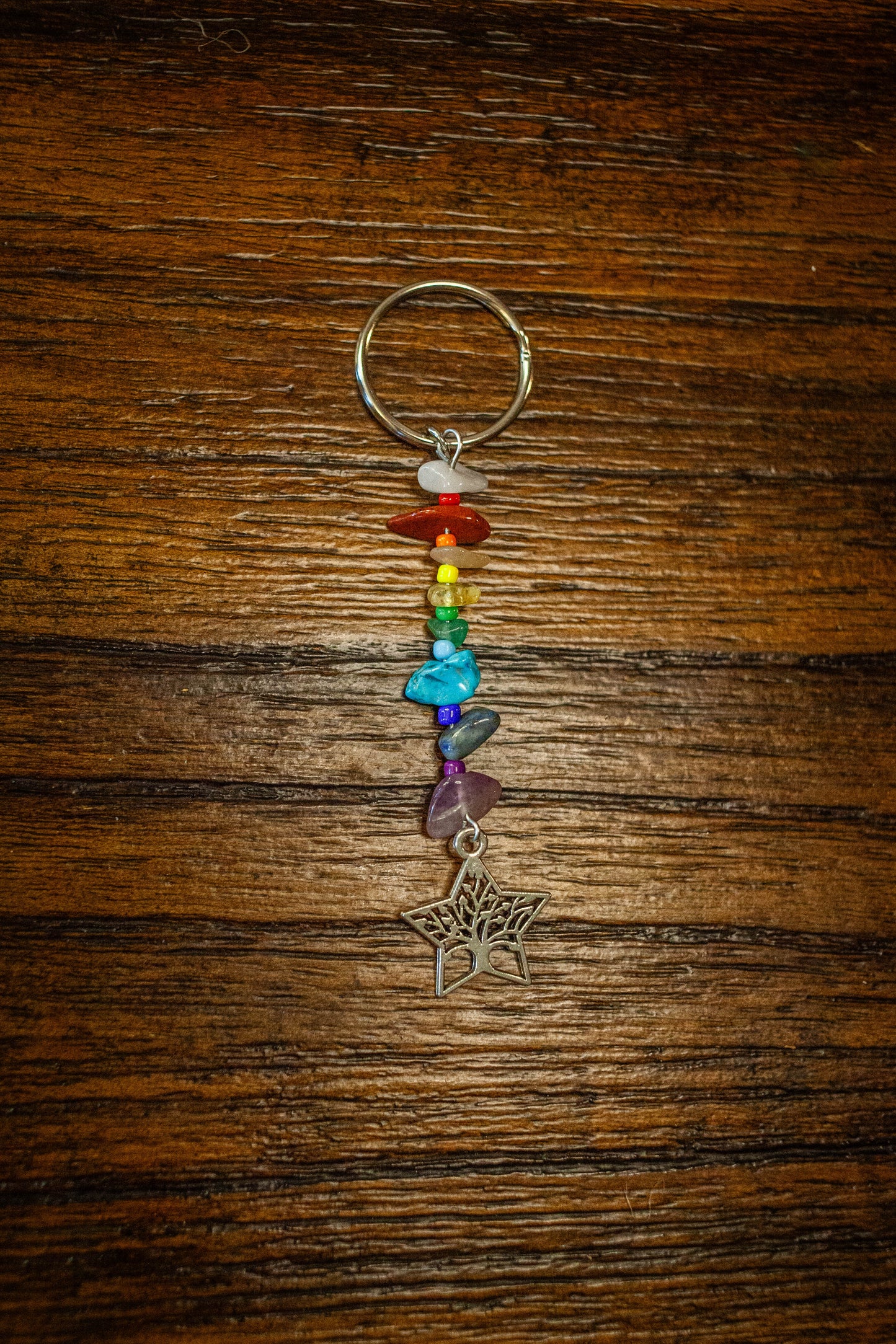 Chakra Vibes: Rainbow Beaded Keychain with Tree of Life Charm