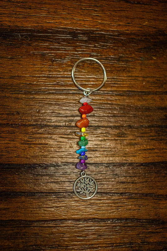 Chakra Vibes: Rainbow Beaded Keychain with Tree of Life Charm