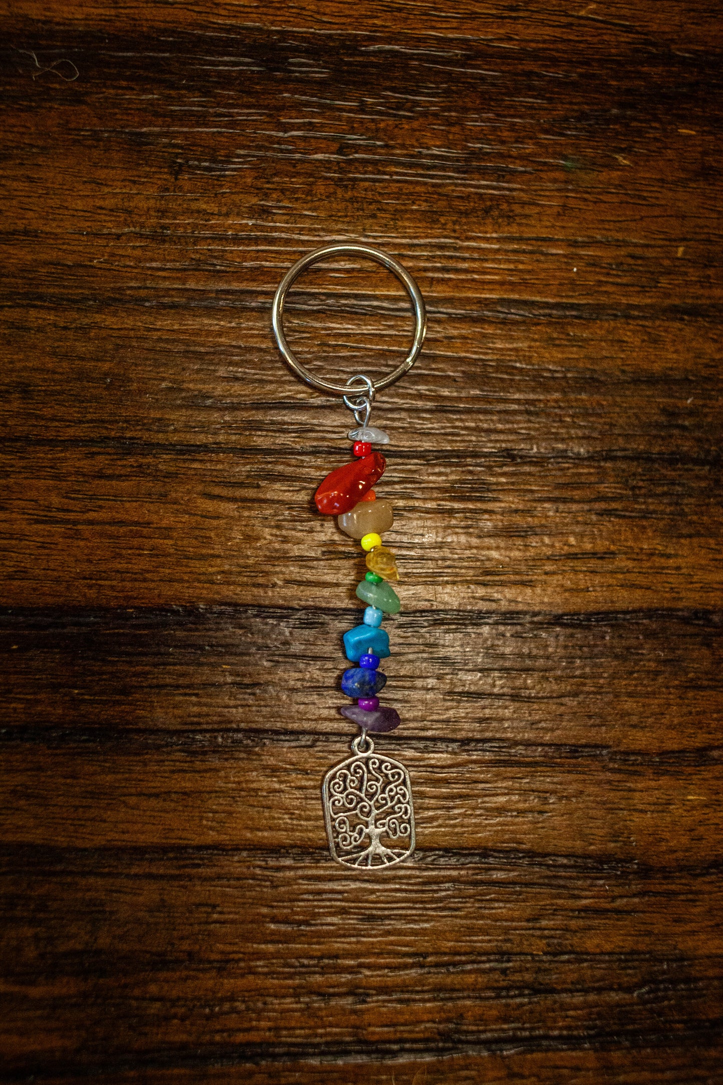 Chakra Vibes: Rainbow Beaded Keychain with Tree of Life Charm