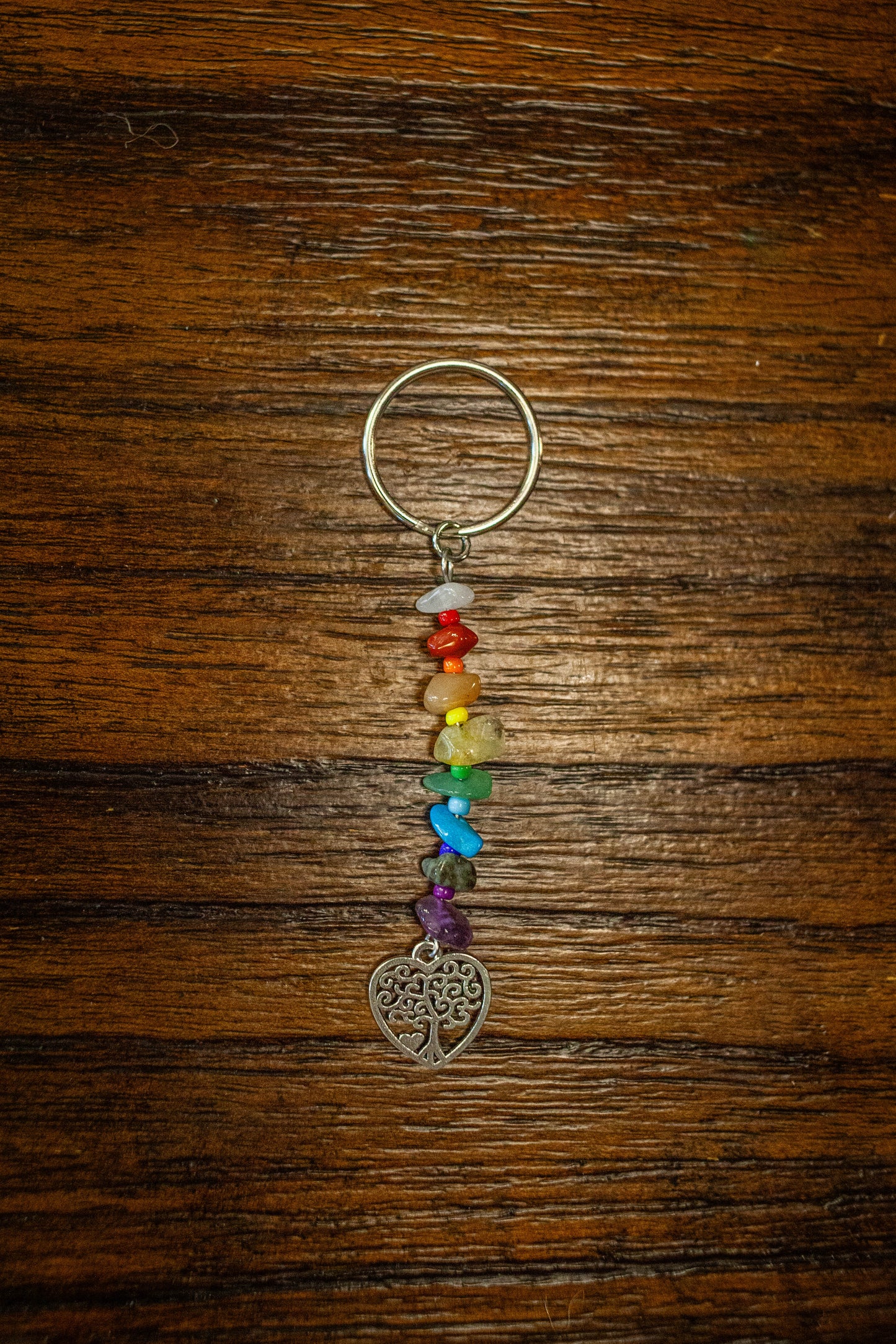 Chakra Vibes: Rainbow Beaded Keychain with Tree of Life Charm